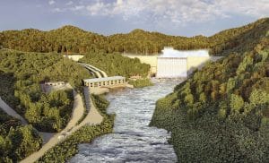 River surrounded by forest with dam in background